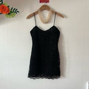 EUC VTG black LBD lace slip M nightie Brettins made in USA lingerie satin LBD